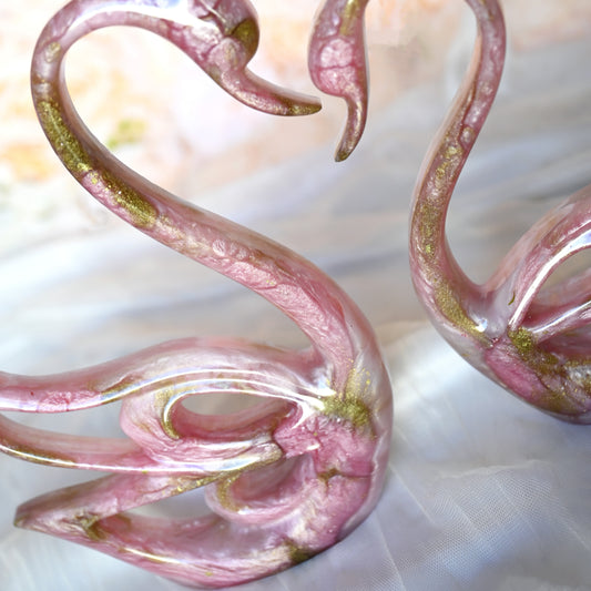 Pink & Gold Resin Swans | Decorative Pair